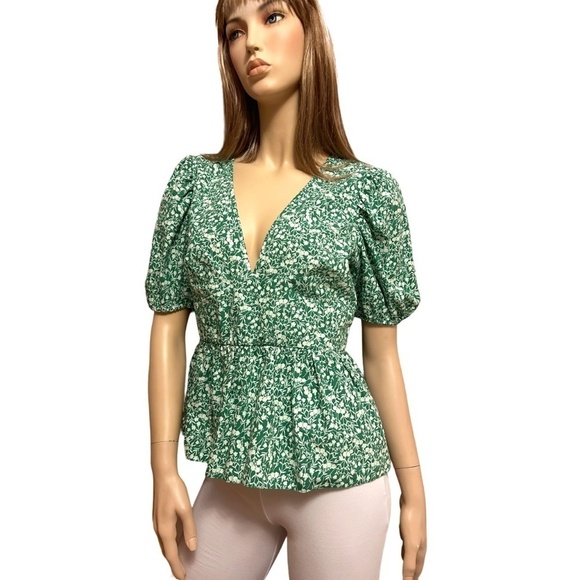 TOPSHOP Blouse Bitsy Green Floral Peplum Shirt Top Cutout Tie Back Plunge Neck - Picture 9 of 14